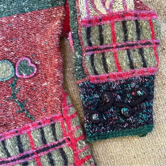 Vtg 90s Y2K Express Chunky Cardi Sweater Patchwork Wool Angora Blend Sz M Boho - Picture 9 of 11